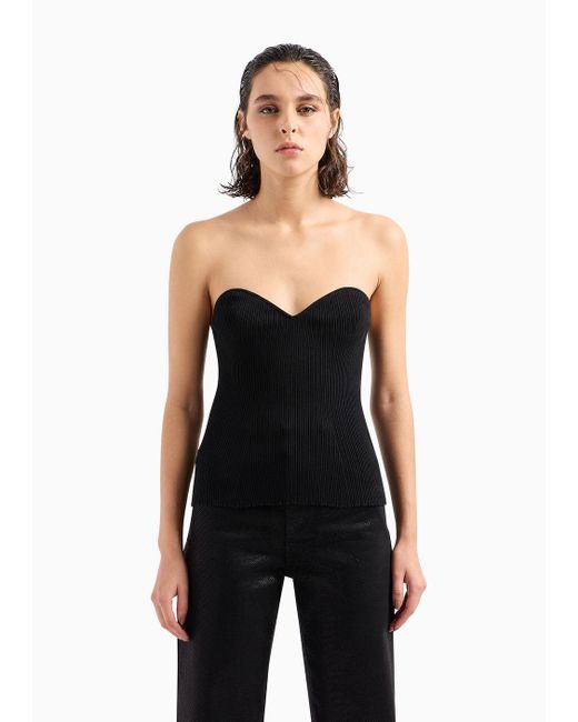 Emporio Armani Black Bustier Top With Sweetheart Neckline In A Viscose-blend Rib Knit