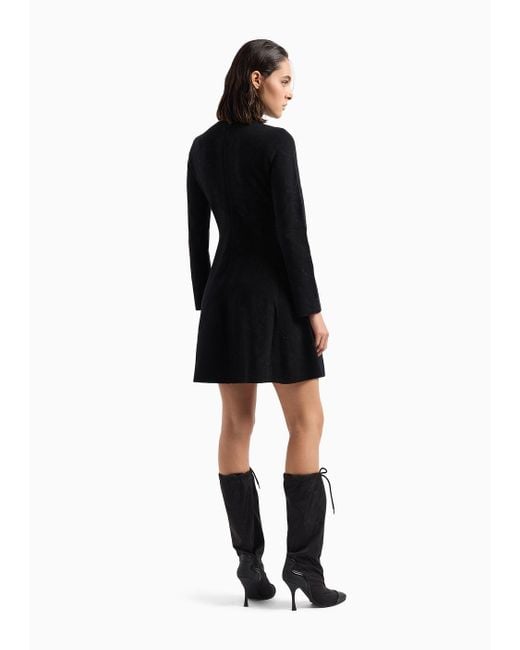 Emporio Armani Black Knitted Mock-neck Dress With All-over Matching Floral Embroidery