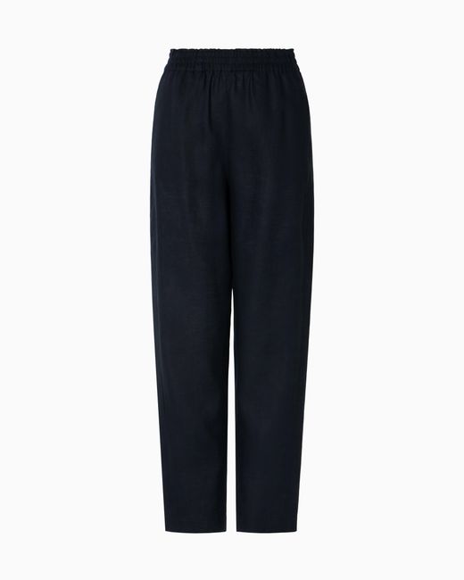 Emporio Armani Blue Pure Linen Trousers With An Elasticated Waist