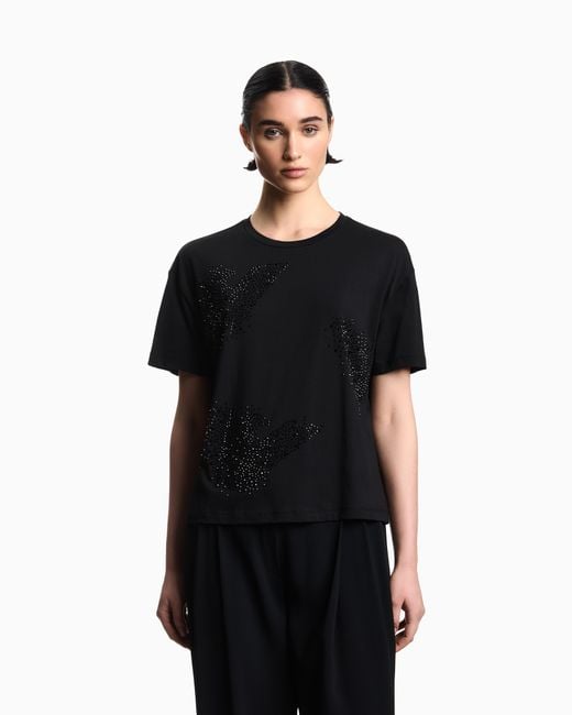 Emporio Armani Blue Jersey T-Shirt With Rhinestone Eagle