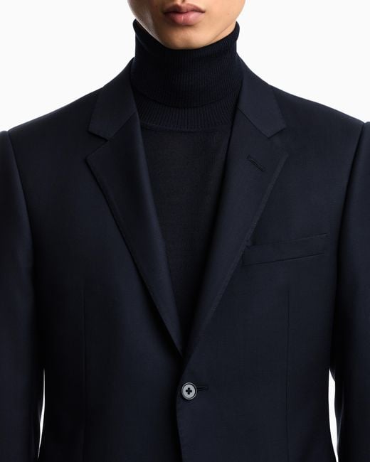 Emporio Armani Blue Plain Worsted Wool Single-Breasted Jacket for men