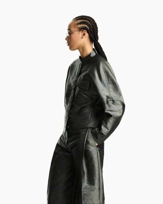 Emporio Armani Green Jacquard Landscape Blouson With Mandarin Collar And Buttons