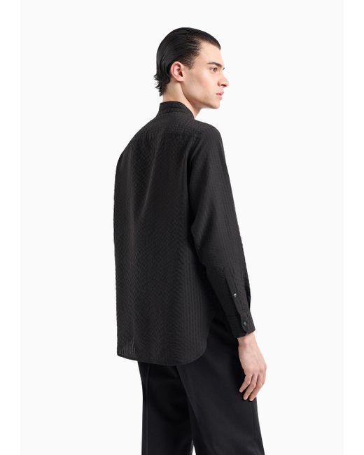 Emporio Armani Black Asv Comfort-fit Guru-collar Shirt In Lyocell-blend, Seersucker-look Fabric for men