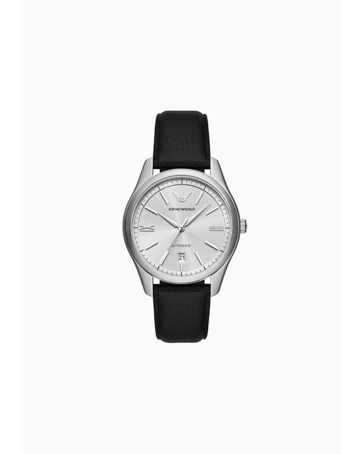 Emporio Armani Automatic Three-hand Date Black Leather Watch for men