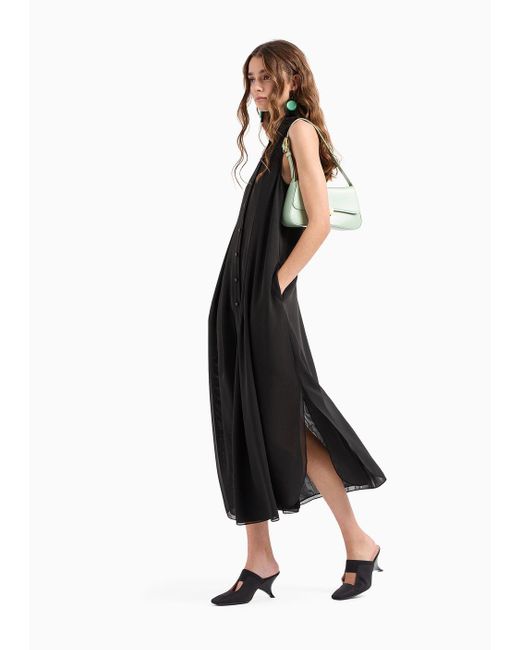 Emporio Armani Black Long Dress In Georgette With Guru Collar And Flared Lines
