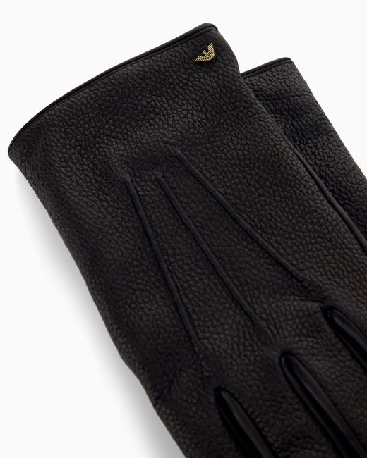 Emporio Armani Black Leather Gloves With Wool Lining And A Metal Eagle Logo for men