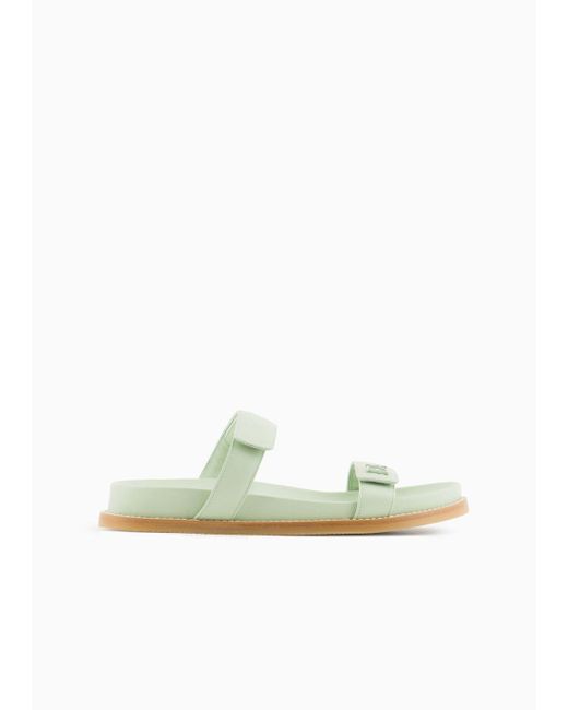 Emporio Armani Green Double-band Sandals In Nappa Leather With Ea Logo