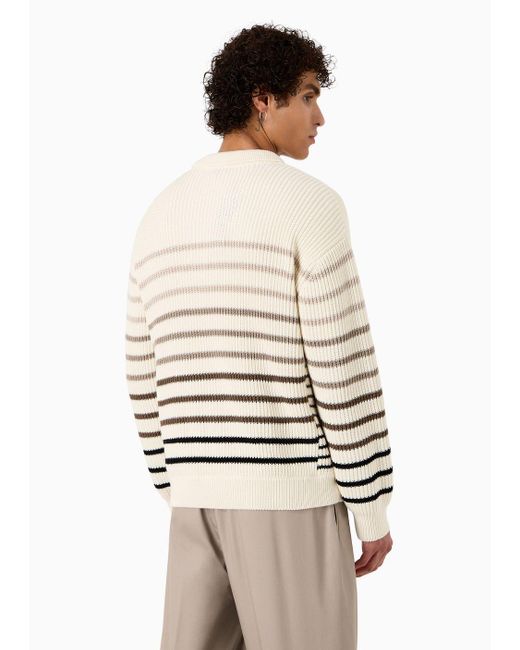 Emporio Armani White Striped, Cob-stitched Cotton Jumper With Polo-shirt Collar for men