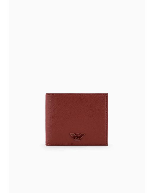 Emporio Armani Red Ari Sustainability Values Regenerated Saffiano Leather Card Holder Wallet With Rubberised Eagle for men