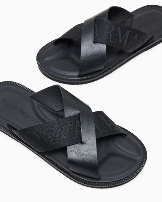 Emporio Armani Blue Leather Cross-Over Sandals With Logo Tape for men