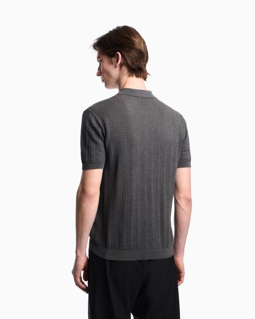 Emporio Armani Gray Vertical Tuck-Stitch Jumper With Polo-Shirt Collar for men