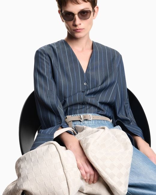 Emporio Armani Blue Long-Sleeved V-Neck Shirt