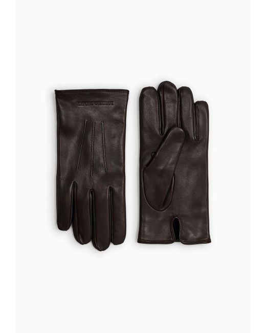 Emporio Armani Black Lambskin Nappa Leather Gloves With Baguette Detail for men