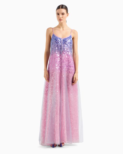 Emporio Armani Purple Silk Organza Dress With Gradient Shade Motif And All-Over Bead And Sequin Embroidery
