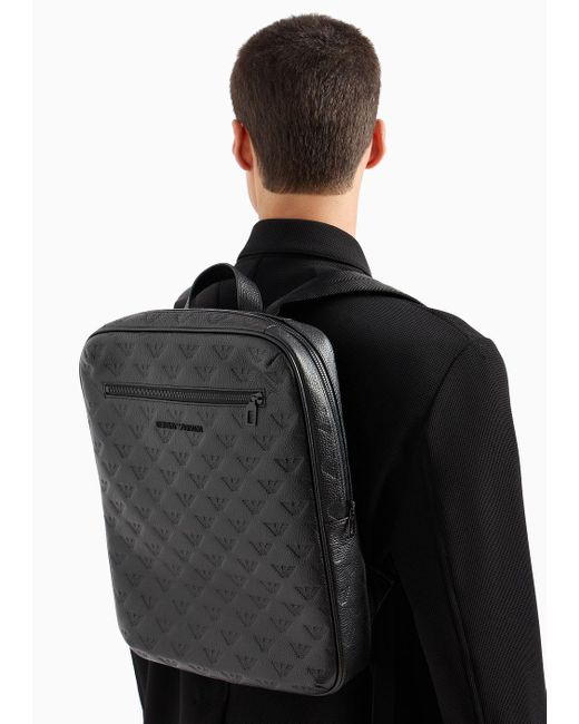 Emporio Armani Black Slim Leather Backpack With All-over Embossed Eagle for men