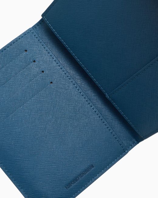 Emporio Armani Blue Regenerated Saffiano Leather Passport Holder With Eagle Plate for men