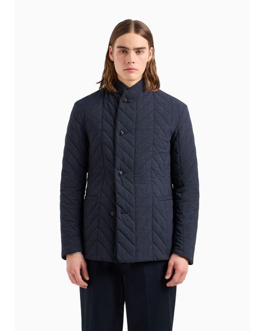 Emporio Armani Blue Seersucker Jacket With Print And Chevron Quilting for men