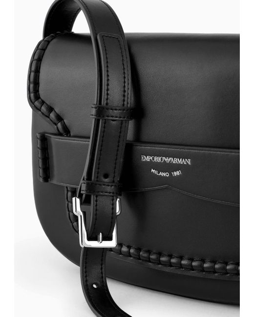 Emporio Armani Black Medium Shoulder Bag In Leather With Flap And Logo Gusset