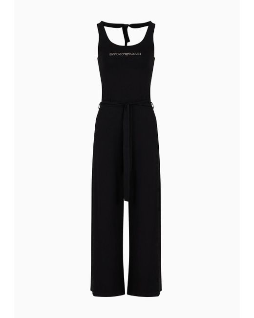 Emporio Armani Black Stretch-viscose Beachwear Jumpsuit With Micro-studded Logo And Sash