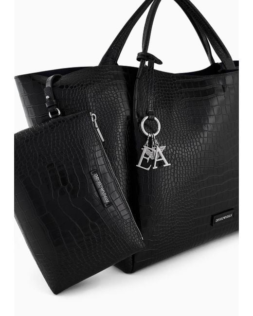 Maxibolso Shopper Con Acabado Estampado De Cocodrilo Y Colgante Con Logotipo Emporio Armani de color Black