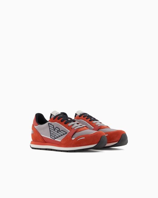 Emporio Armani Red Mesh Sneakers With Suede Details And Eagle Patch for men