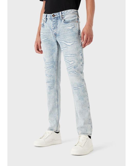 Emporio Armani J75 Slim-fit Washed Ripped Denim Jeans in Blue for Men | Lyst