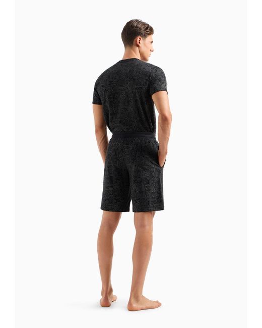 Emporio Armani Black Loungewear Bermuda Shorts With All-over Logo Lettering for men