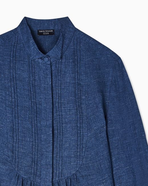 Emporio Armani Blue Icon Linen Chambray Shirt With Plastron
