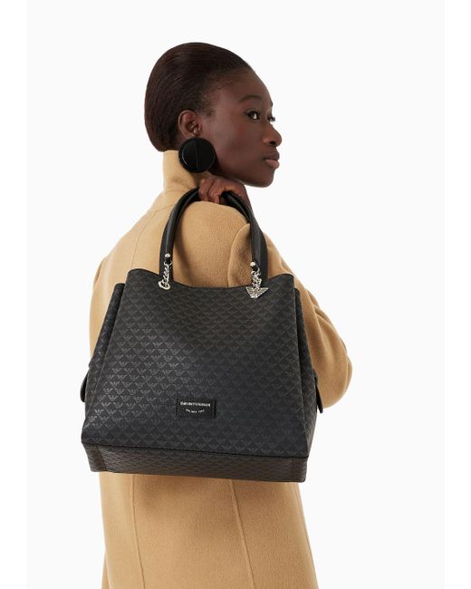 Emporio Armani Black All-over Eagle Shopper Bag With Eagle Charm