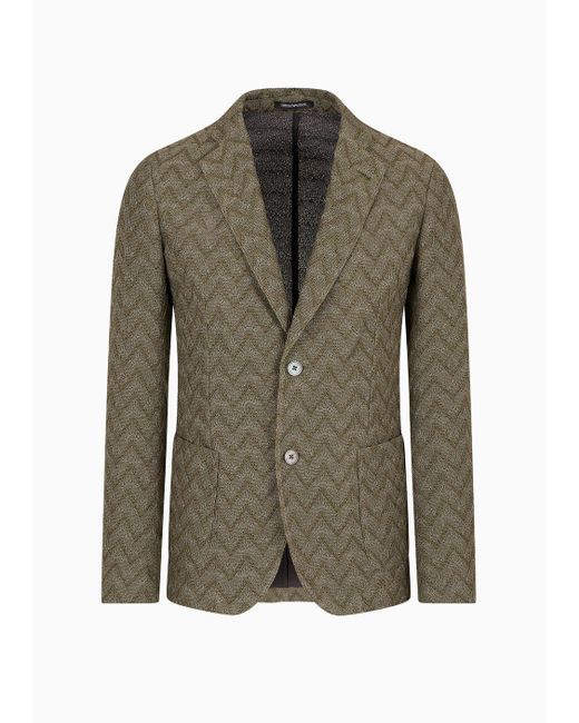 Emporio Armani Green Single-breasted Jacket In A Super-light Jersey Knit With A Chevron Motif for men