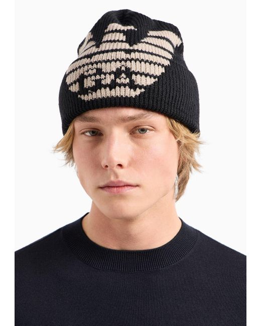 Emporio Armani Black Ribbed Wool-blend Beanie With Oversized Jacquard Eagle for men