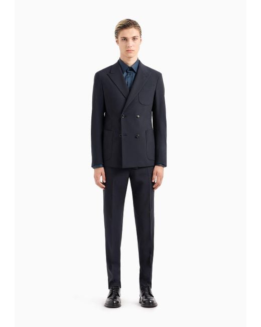 Emporio Armani Blue Double-breasted Virgin-wool Two-way Stretch Canvas Suit for men