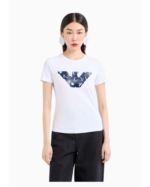 T-shirt In Jersey Stretch Organico Con Maxi Aquila Pattern Asv di Emporio Armani in White