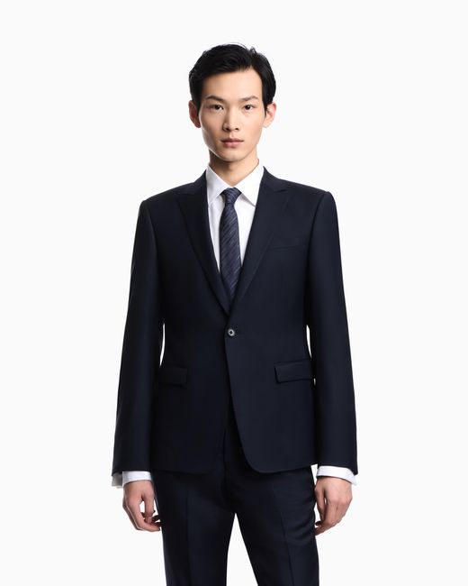 Emporio Armani Blue Plain Worsted Wool Single-Breasted Jacket for men