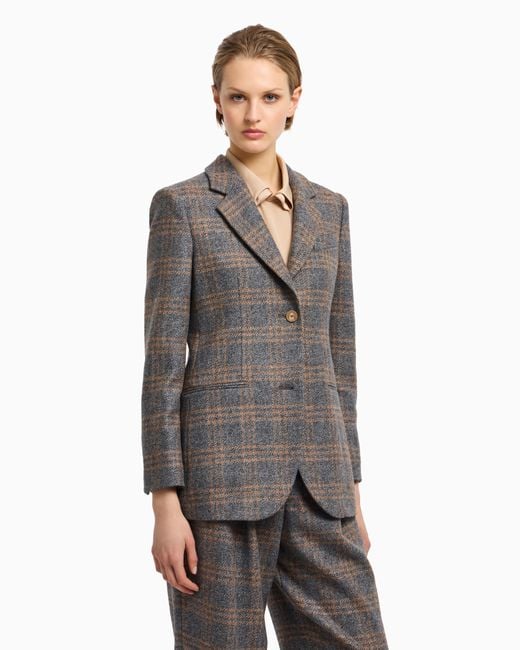 Emporio Armani Gray Icon Virgin-Wool Blend Single-Breasted Blazer With Check Motif