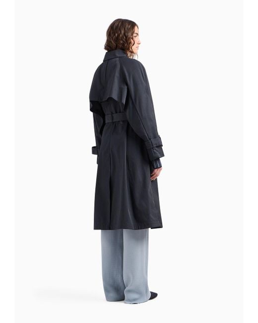 Emporio Armani Blue Double-breasted Trench Coat With Belt In Water-repellent Technical Cotton