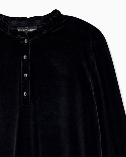 Emporio Armani Black Stretch Chenille Dress With Ruffled Hem And Buttoned Placket