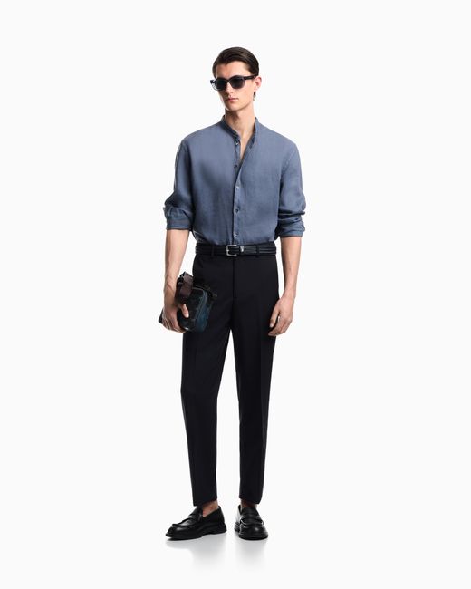 Emporio Armani Blue Garment-Dyed Linen Shirt With Guru Collar for men