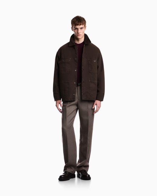 Emporio Armani Brown Cotton Caban Coat With A Corduroy Collar And Patch Pockets for men