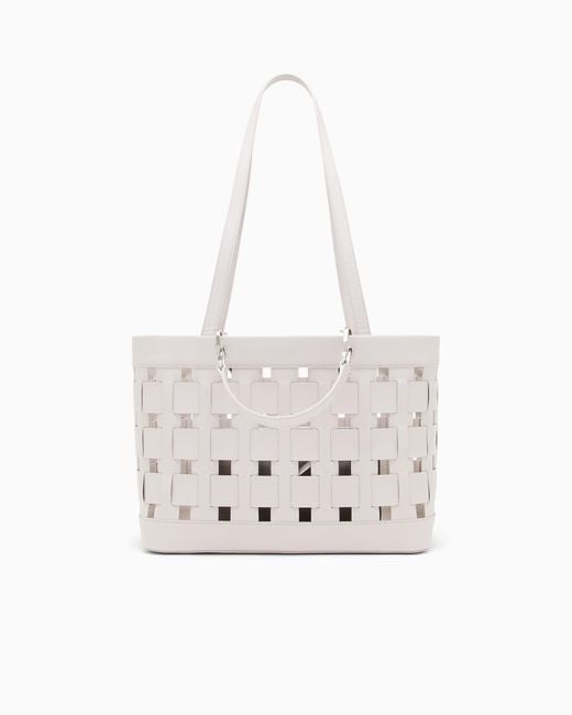Emporio Armani White Tote Bag With Woven Design Double Handles And Pouch