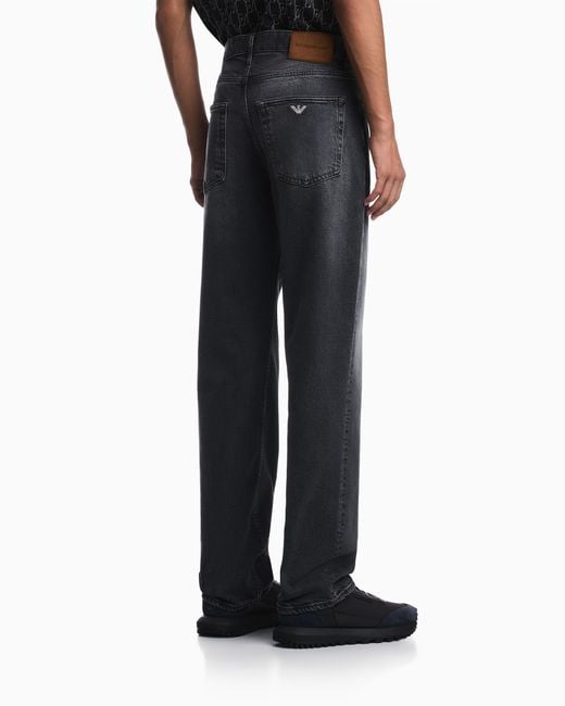 Emporio Armani Blue Regular Fit Five-Pocket Cotton Denim Jeans With Fading for men