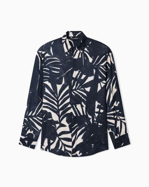 Emporio Armani Blue Comfort-Fit, Fluid Viscose Shirt With An All-Over Print for men