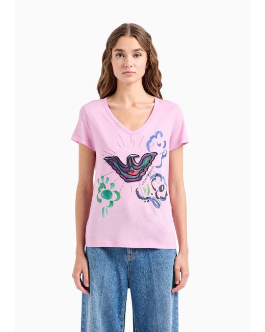 Emporio Armani Pink V-neck T-shirt In Soft Modal-blend Jersey With Eagle Embroidery And Print