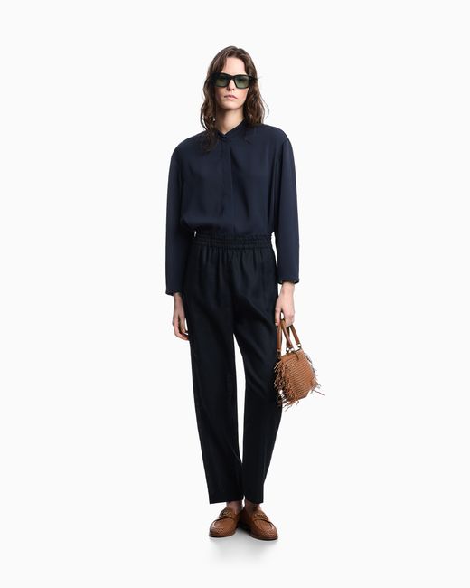 Emporio Armani Blue Pure Linen Trousers With An Elasticated Waist