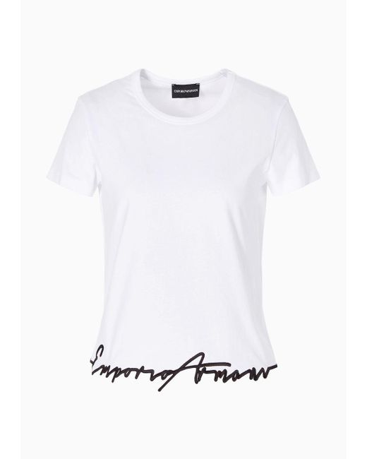 Emporio Armani White Asv Organic-jersey T-shirt With Embroidered Shaped Hem