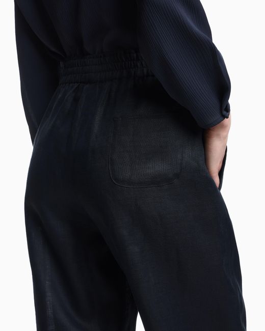 Emporio Armani Blue Pure Linen Trousers With An Elasticated Waist