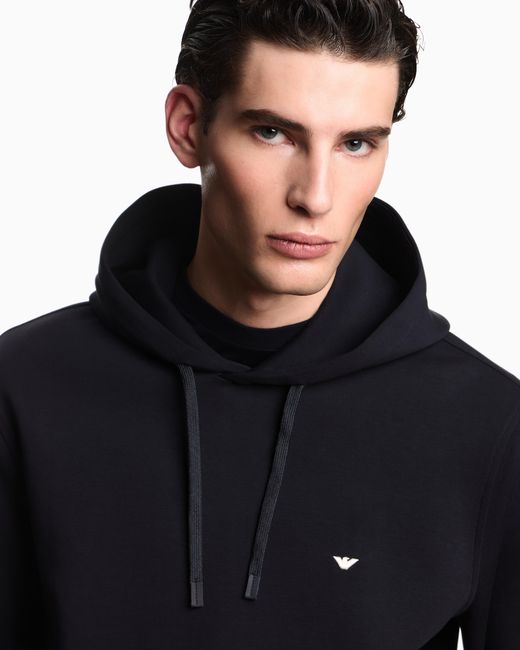Emporio Armani Blue Double-Jersey Hooded Sweatshirt With Embroidered Micro Eagle Logo for men