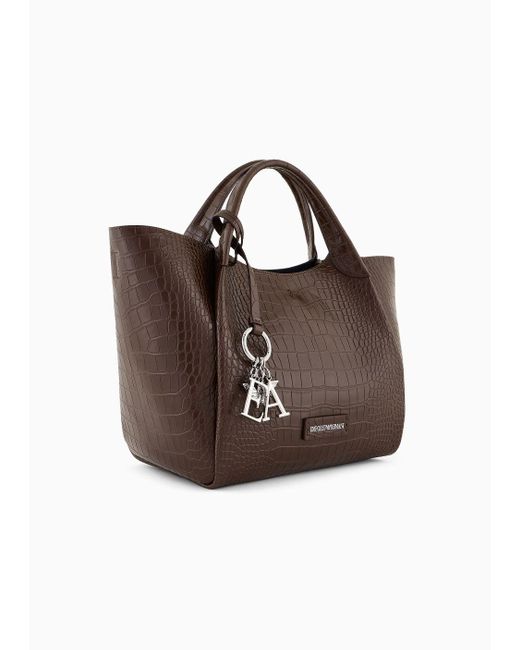 Emporio Armani Brown Shopper Bag With Mock-croc Finish And Logo Charm