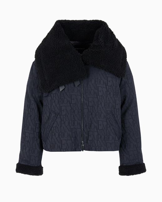 Emporio Armani Blue Wool-Blend Jacket With All-Over Lettering Jacquard And Teddy Details