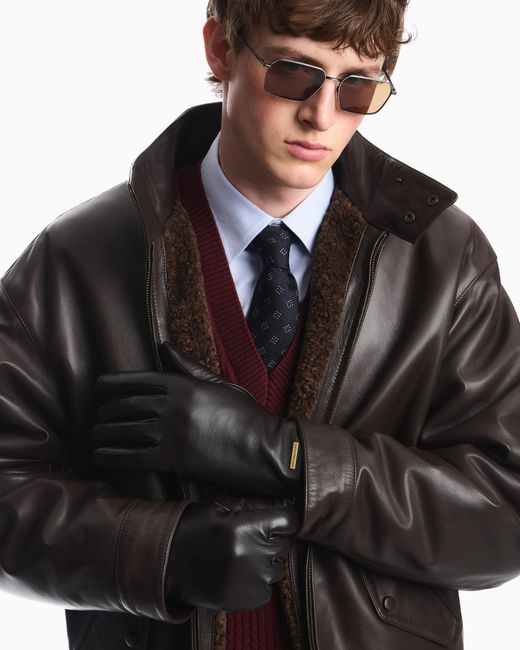 Emporio Armani Black Leather Gloves With A Metal Logo Plate And Wool Lining for men